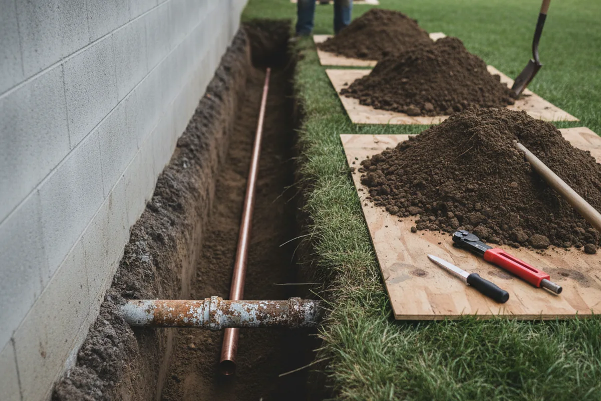 Excavated water line trench during Water Heater Repair in Yucaipa